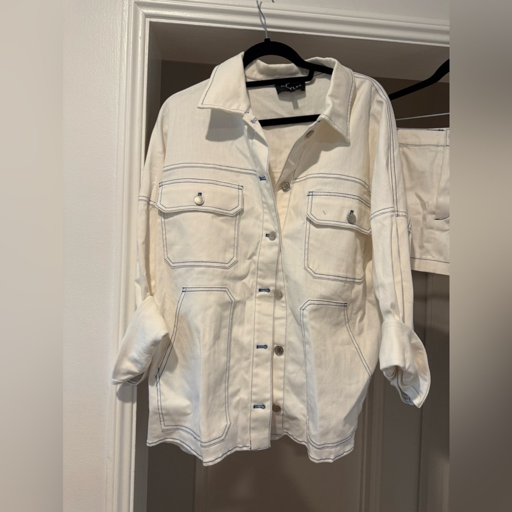 Cooper Jacket BY.DYLN Cream Button-Front Utility Jacket with Contrast Stitching